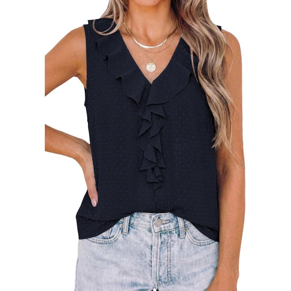 imagePRETTYGARDEN Womens Tank Tops 2026 Summer Dressy Casual Blouses Sleeveless Ruffle V Neck Swiss Dot Button Down Work ShirtsNavy Blue