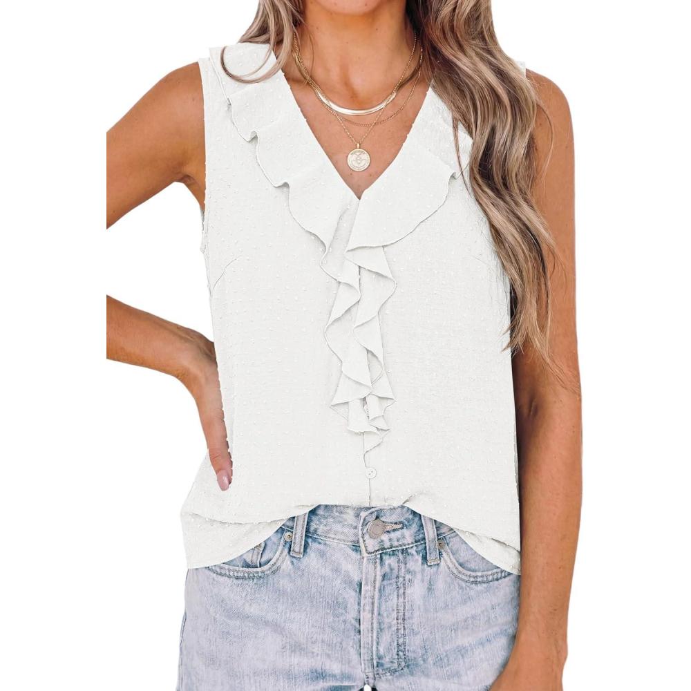 imagePRETTYGARDEN Womens Tank Tops 2026 Summer Dressy Casual Blouses Sleeveless Ruffle V Neck Swiss Dot Button Down Work ShirtsOffwhite