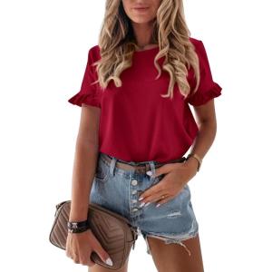 PRETTYGARDEN Women’s Short Sleeve Casual T Shirts Summer Ruffle Plain Round Neck Loose Fit Tee Blouse Tops(Wine Red)