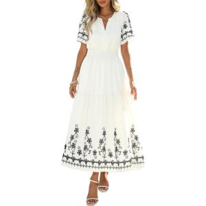 PRETTYGARDEN Women’s Summer Boho Maxi Dress 2026 Spring Floral Short Sleeve V Neck A Line Flowy Beach Wedding Guest Dresses(Beige)