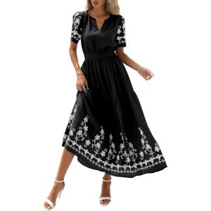 PRETTYGARDEN Women’s Summer Boho Maxi Dress 2026 Spring Floral Short Sleeve V Neck A Line Flowy Beach Wedding Guest Dresses(Black)