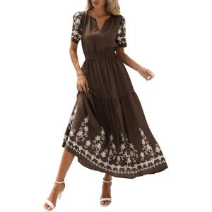 PRETTYGARDEN Women’s Summer Boho Maxi Dress 2026 Spring Floral Short Sleeve V Neck A Line Flowy Beach Wedding Guest Dresses(Coffee)