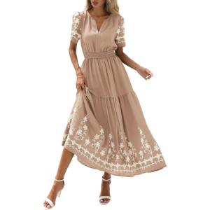 PRETTYGARDEN Women’s Summer Boho Maxi Dress 2026 Spring Floral Short Sleeve V Neck A Line Flowy Beach Wedding Guest Dresses(Khaki)