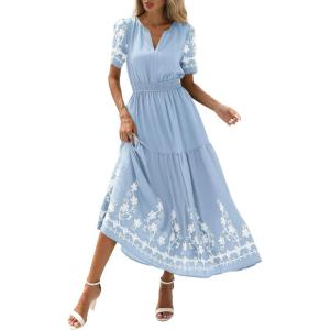 PRETTYGARDEN Women’s Summer Boho Maxi Dress 2026 Spring Floral Short Sleeve V Neck A Line Flowy Beach Wedding Guest Dresses(Light Blue)