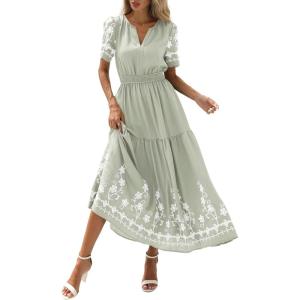 PRETTYGARDEN Women’s Summer Boho Maxi Dress 2026 Spring Floral Short Sleeve V Neck A Line Flowy Beach Wedding Guest Dresses(Light Green)