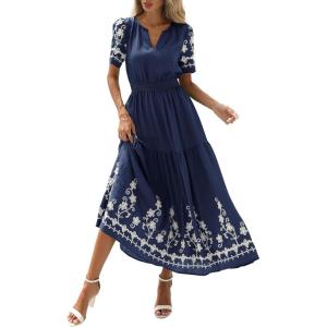 PRETTYGARDEN Women’s Summer Boho Maxi Dress 2026 Spring Floral Short Sleeve V Neck A Line Flowy Beach Wedding Guest Dresses(Navy Blue)