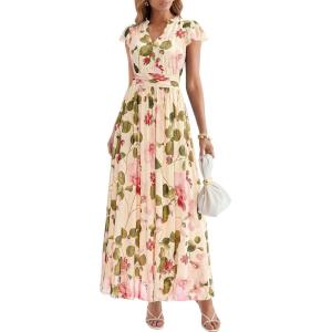 PRETTYGARDEN Womens Summer Dresses 2026 Flutter Short Sleeve V Neck Floral Maxi Dress Flowy Beach Vacation Long Dresses(Beige Multicolored Floral)