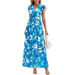 PRETTYGARDEN Womens Summer Dresses 2026 Flutter Short Sleeve V Neck Floral Maxi Dress Flowy Beach Vacation Long Dresses(White Blue Floral)