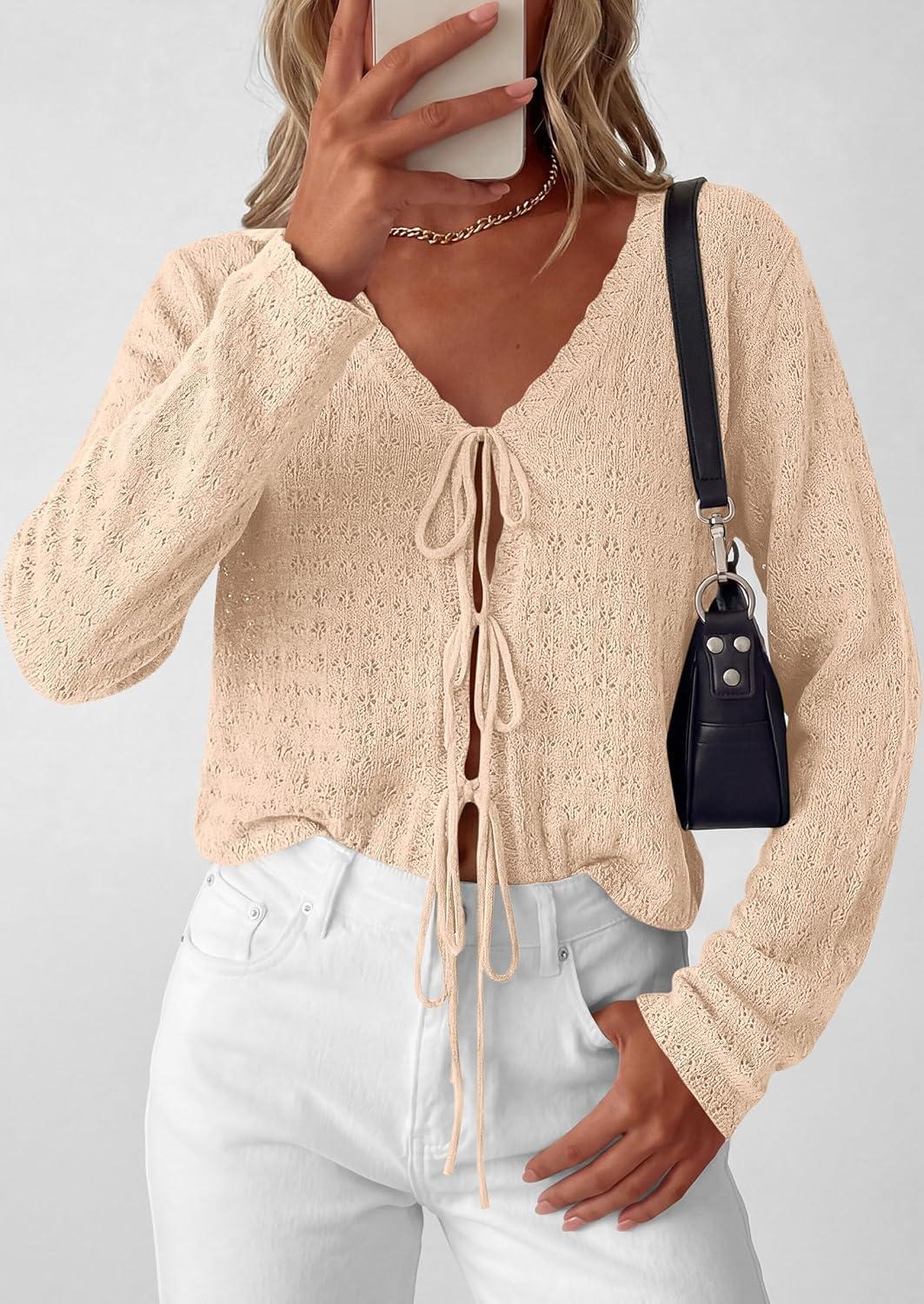 imagePRETTYGARDEN Womens Tie Front Cardigan Summer 2026 Long Sleeve Crochet Sweaters Cardigan Boho Cover Up Beach Vacation ClothesBeige