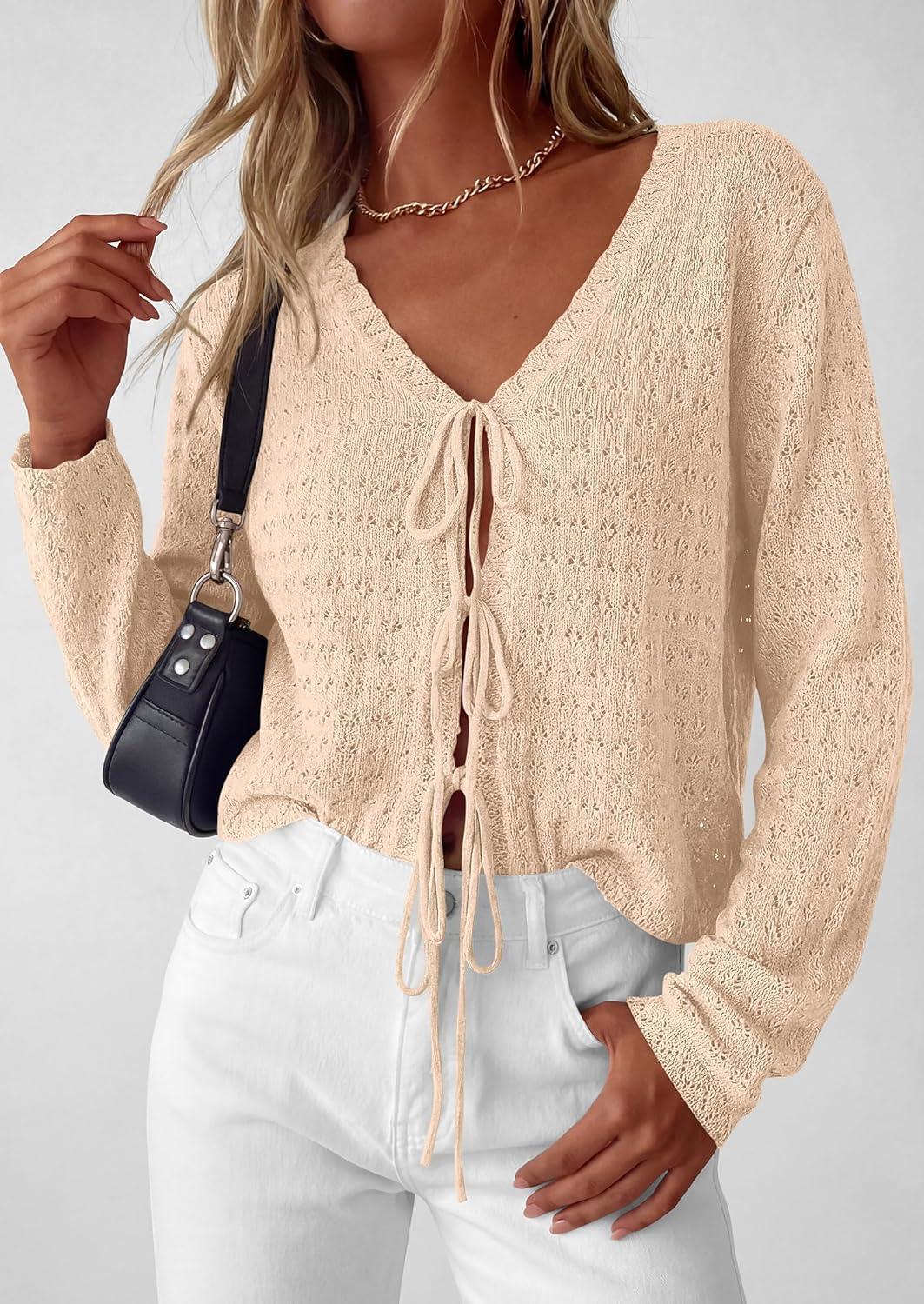 imagePRETTYGARDEN Womens Tie Front Cardigan Summer 2026 Long Sleeve Crochet Sweaters Cardigan Boho Cover Up Beach Vacation ClothesBeige