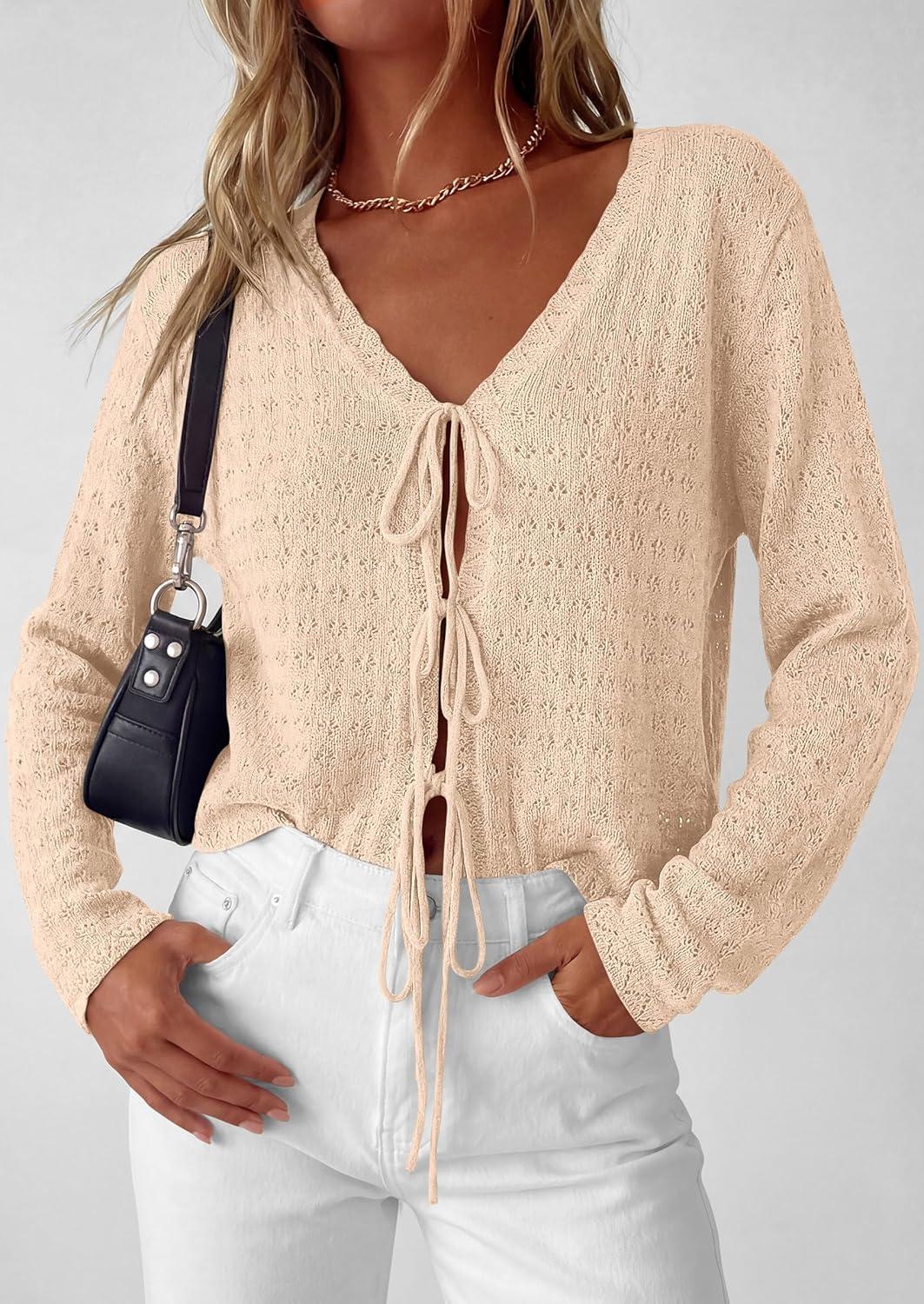 imagePRETTYGARDEN Womens Tie Front Cardigan Summer 2026 Long Sleeve Crochet Sweaters Cardigan Boho Cover Up Beach Vacation ClothesBeige