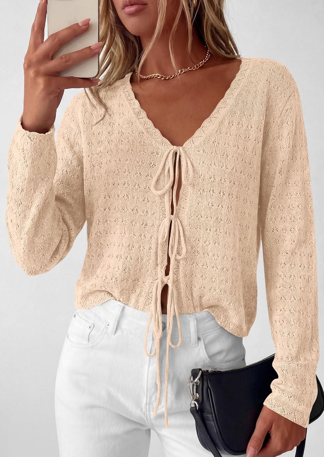 imagePRETTYGARDEN Womens Tie Front Cardigan Summer 2026 Long Sleeve Crochet Sweaters Cardigan Boho Cover Up Beach Vacation ClothesBeige