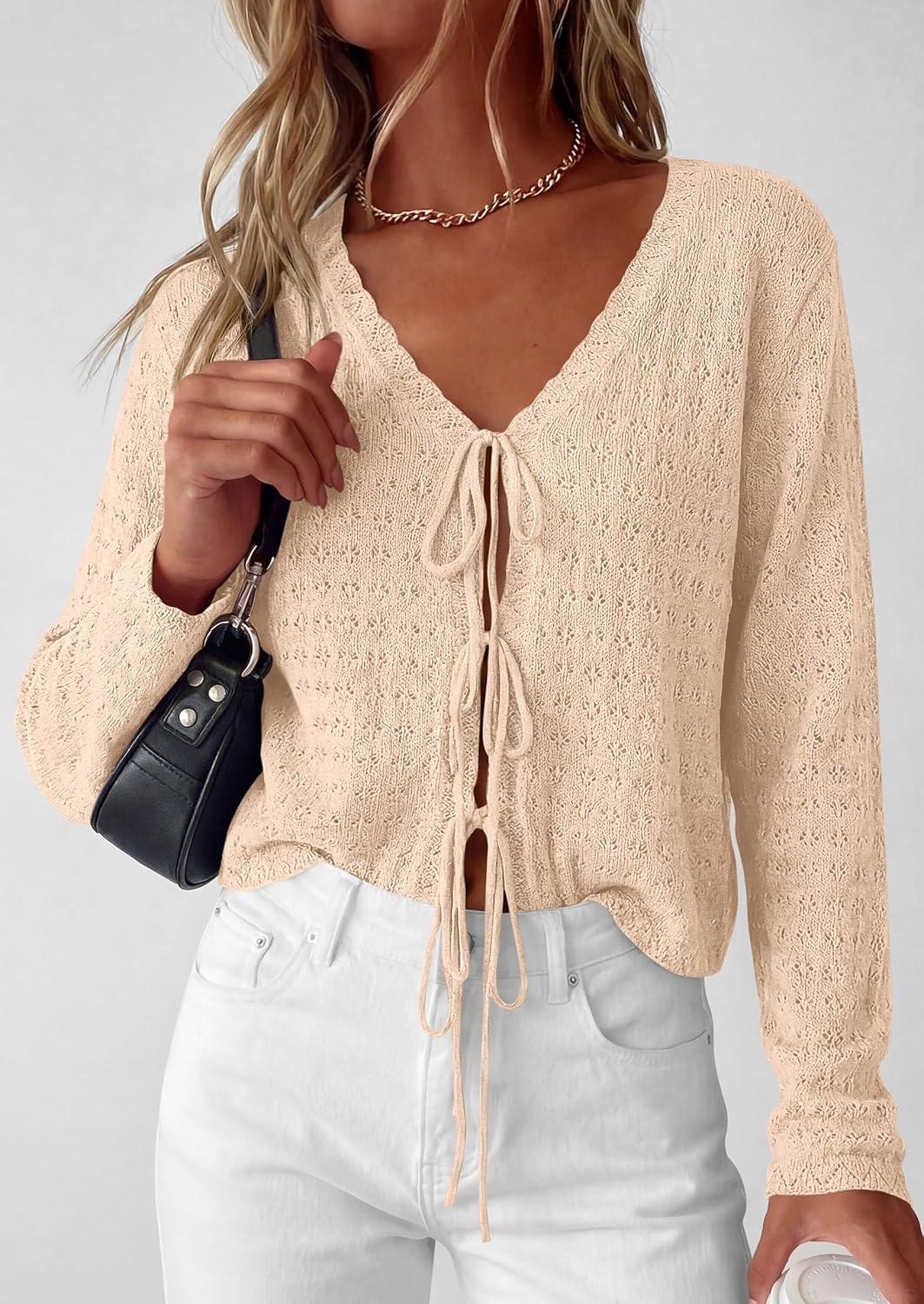 imagePRETTYGARDEN Womens Tie Front Cardigan Summer 2026 Long Sleeve Crochet Sweaters Cardigan Boho Cover Up Beach Vacation ClothesBeige
