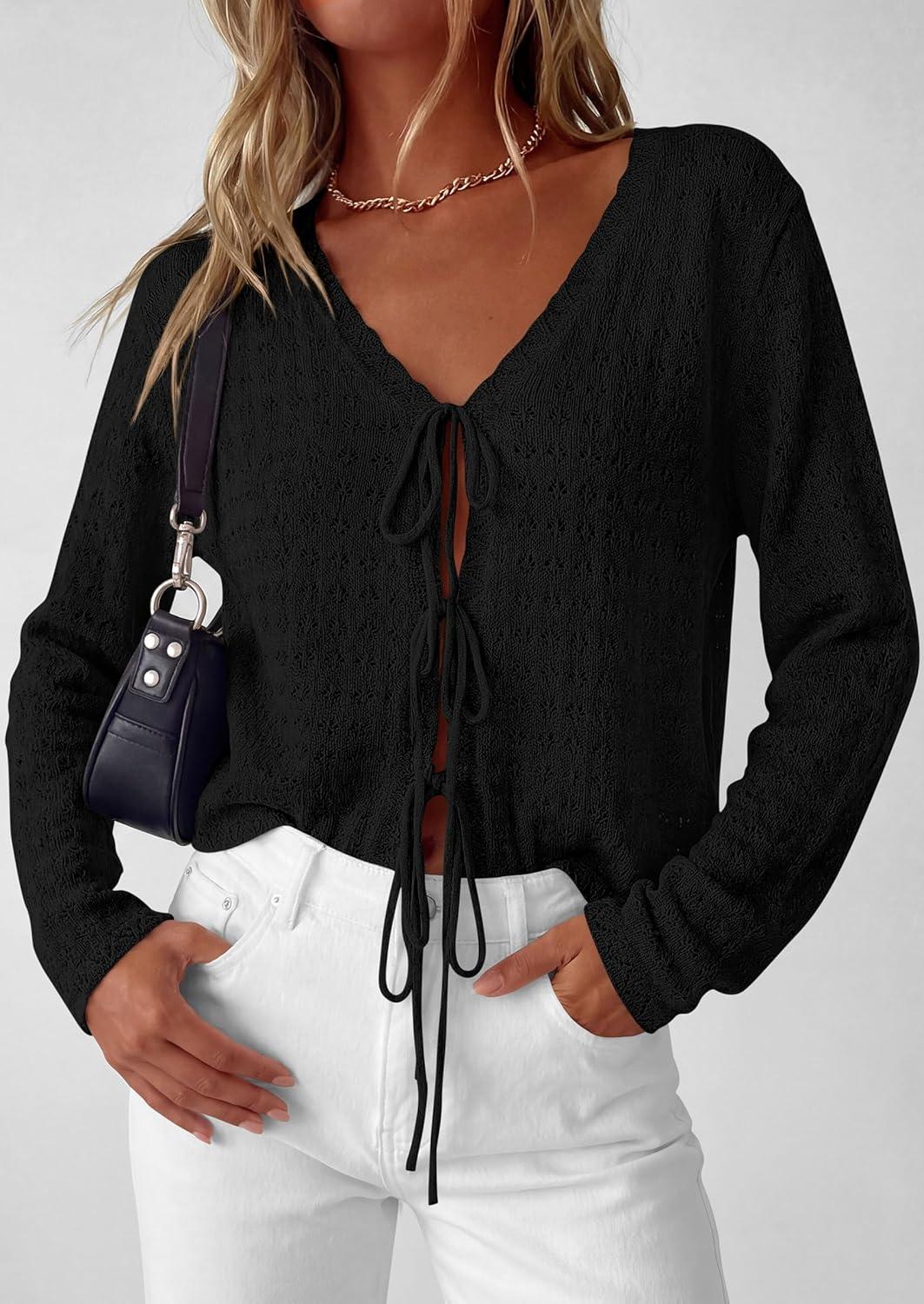 imagePRETTYGARDEN Womens Tie Front Cardigan Summer 2026 Long Sleeve Crochet Sweaters Cardigan Boho Cover Up Beach Vacation ClothesBlack