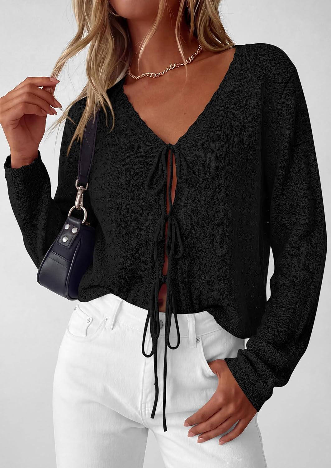 imagePRETTYGARDEN Womens Tie Front Cardigan Summer 2026 Long Sleeve Crochet Sweaters Cardigan Boho Cover Up Beach Vacation ClothesBlack