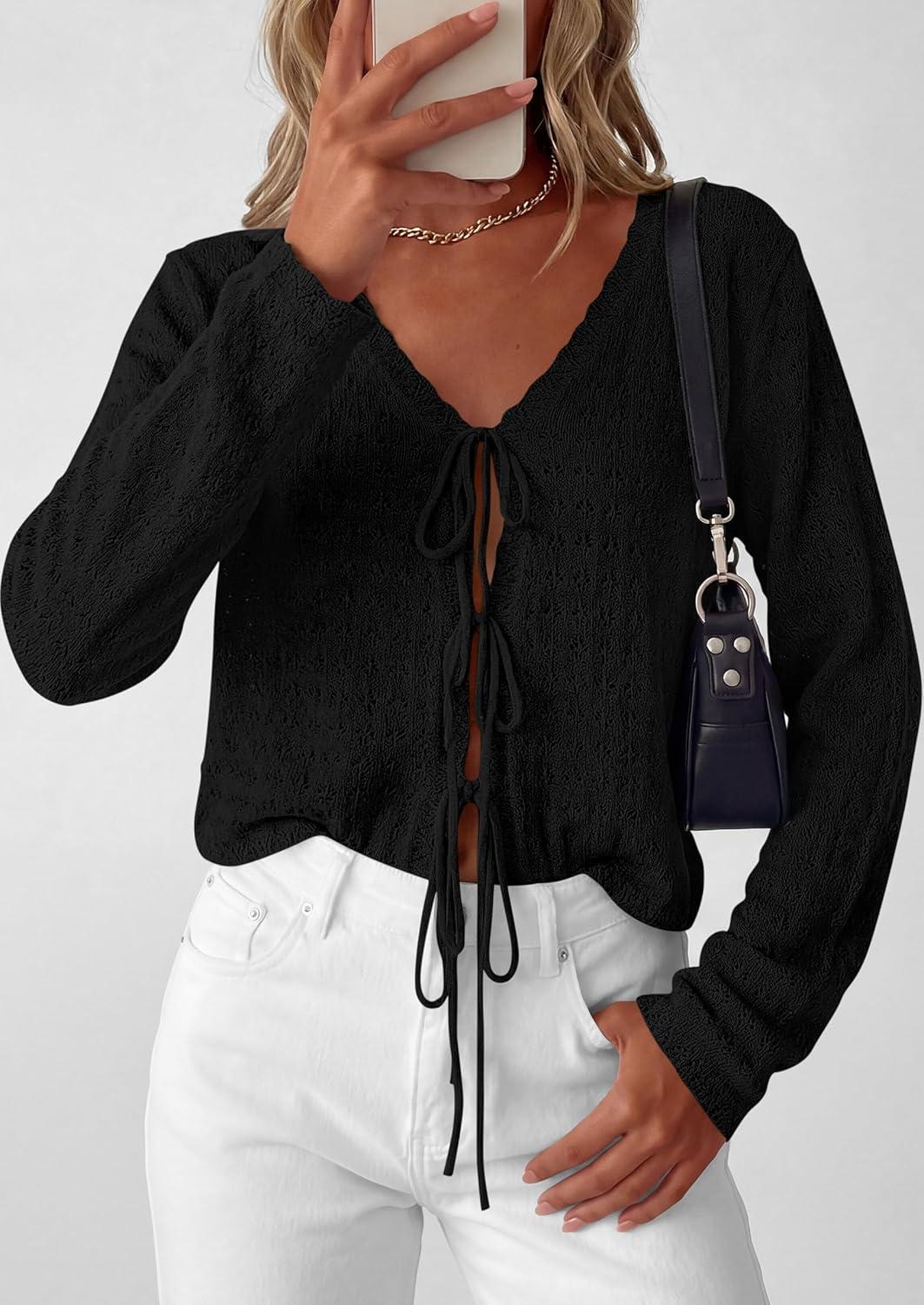 imagePRETTYGARDEN Womens Tie Front Cardigan Summer 2026 Long Sleeve Crochet Sweaters Cardigan Boho Cover Up Beach Vacation ClothesBlack