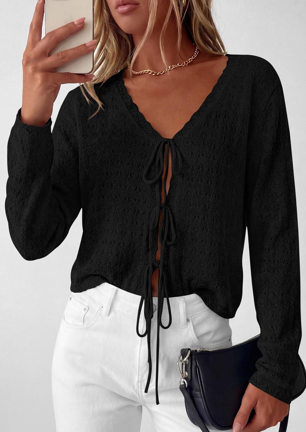 imagePRETTYGARDEN Womens Tie Front Cardigan Summer 2026 Long Sleeve Crochet Sweaters Cardigan Boho Cover Up Beach Vacation ClothesBlack