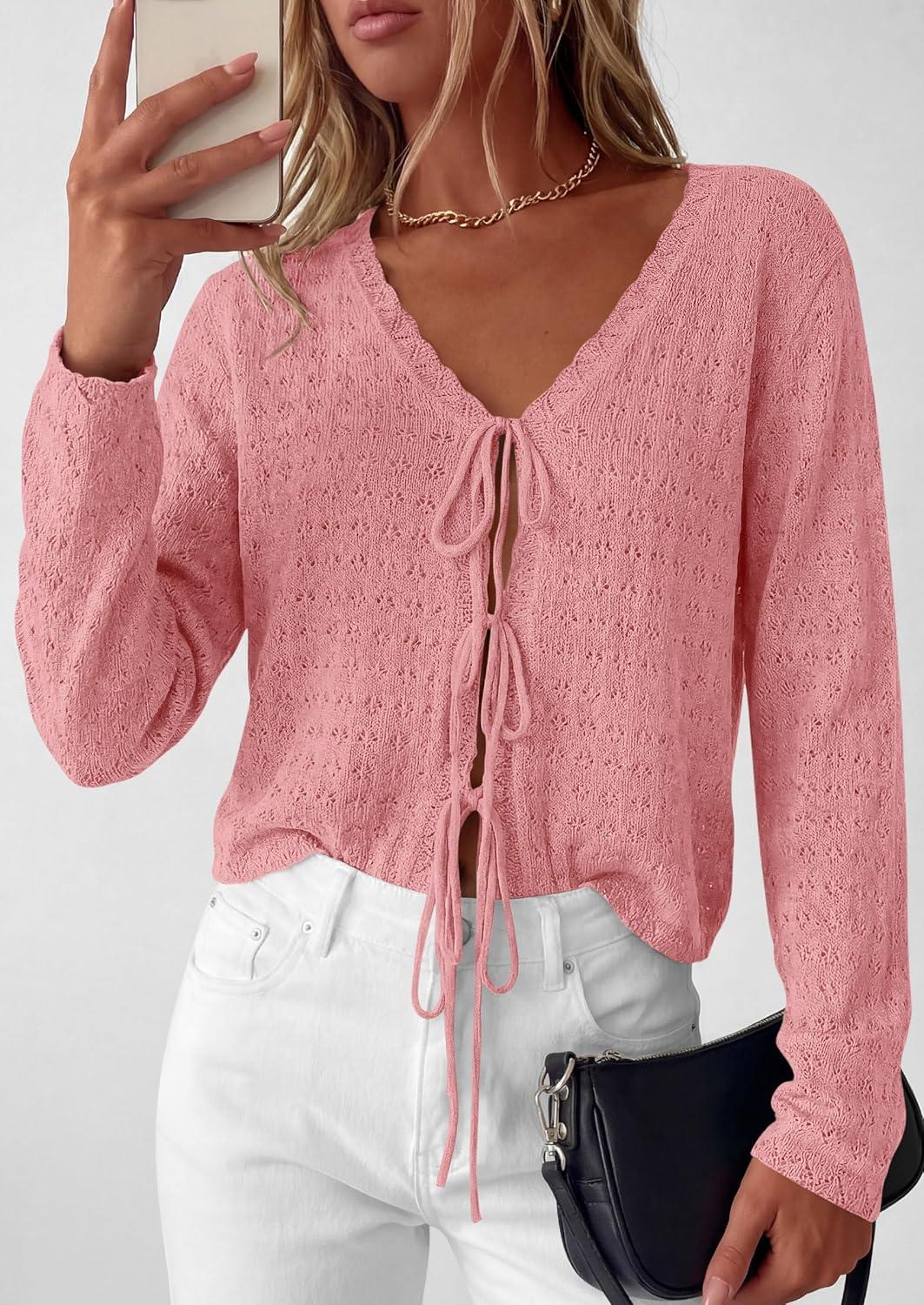 imagePRETTYGARDEN Womens Tie Front Cardigan Summer 2026 Long Sleeve Crochet Sweaters Cardigan Boho Cover Up Beach Vacation ClothesPink