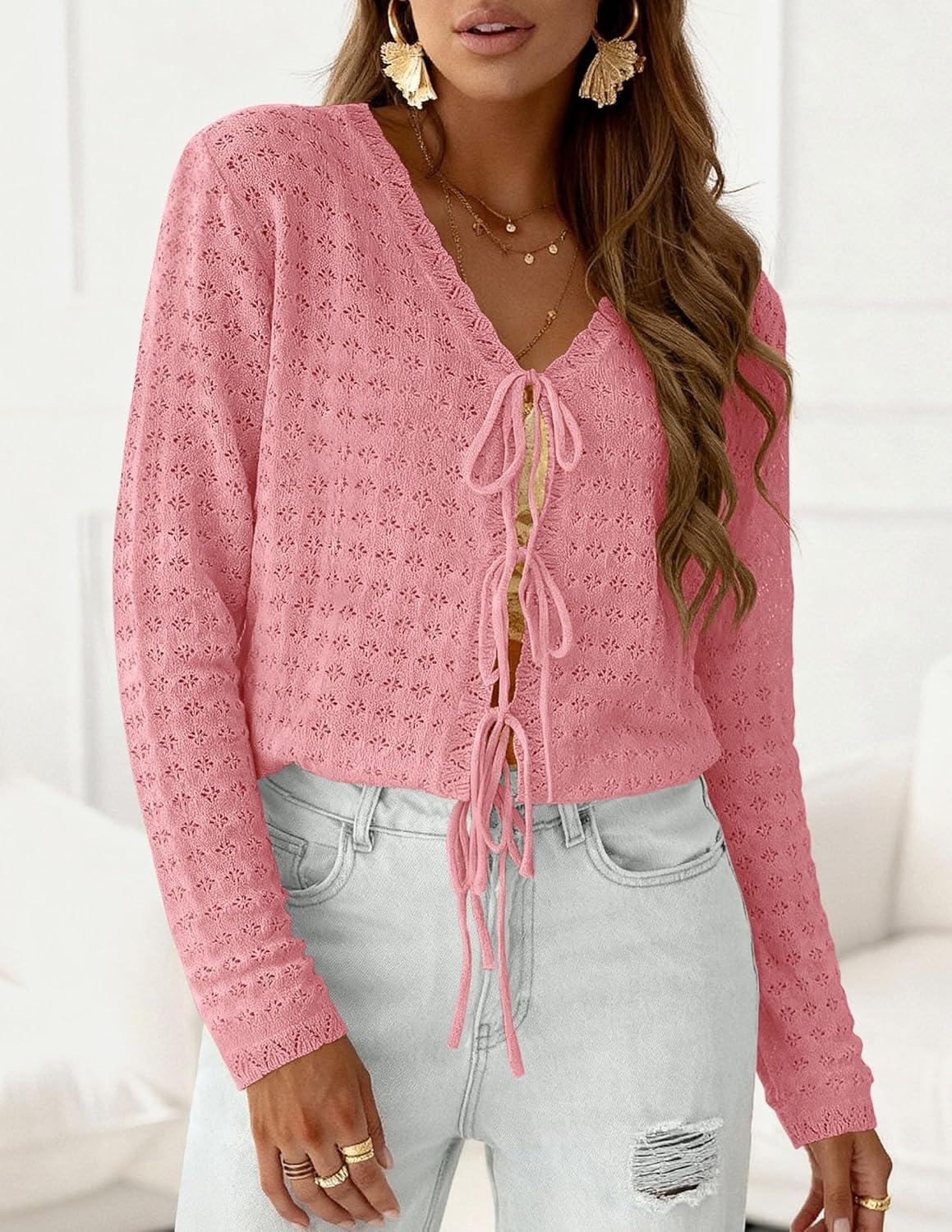 imagePRETTYGARDEN Womens Tie Front Cardigan Summer 2026 Long Sleeve Crochet Sweaters Cardigan Boho Cover Up Beach Vacation ClothesPink