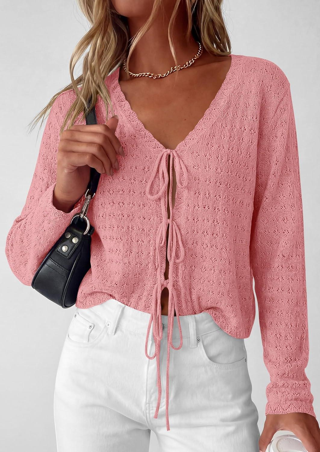 imagePRETTYGARDEN Womens Tie Front Cardigan Summer 2026 Long Sleeve Crochet Sweaters Cardigan Boho Cover Up Beach Vacation ClothesPink