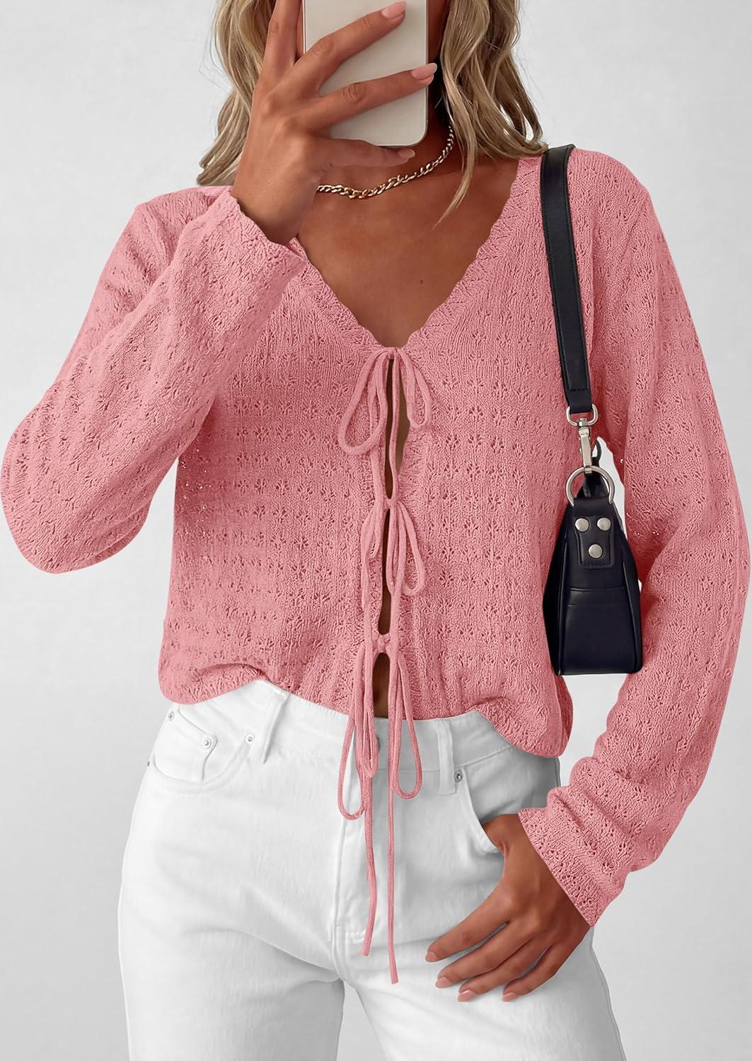 imagePRETTYGARDEN Womens Tie Front Cardigan Summer 2026 Long Sleeve Crochet Sweaters Cardigan Boho Cover Up Beach Vacation ClothesPink