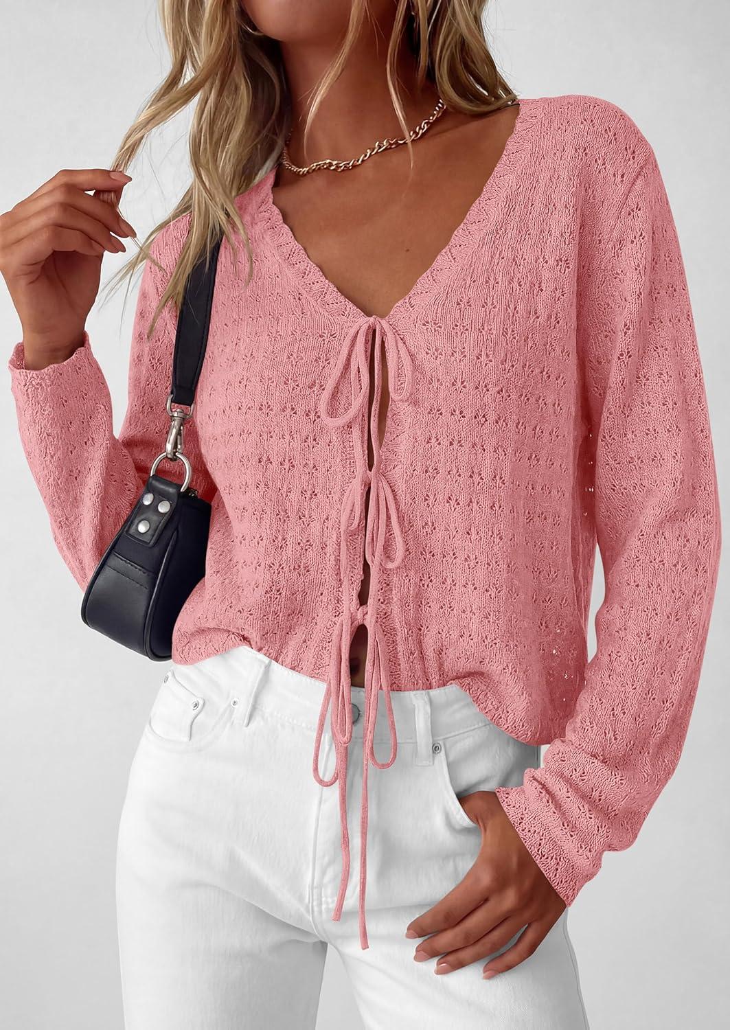 imagePRETTYGARDEN Womens Tie Front Cardigan Summer 2026 Long Sleeve Crochet Sweaters Cardigan Boho Cover Up Beach Vacation ClothesPink