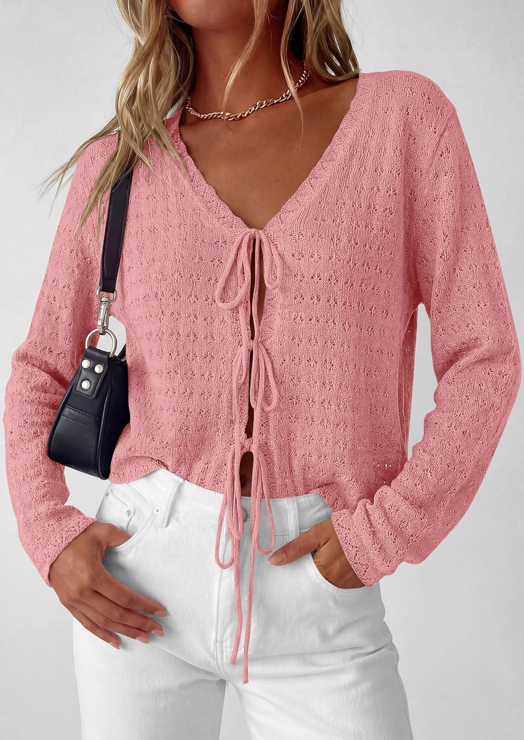 imagePRETTYGARDEN Womens Tie Front Cardigan Summer 2026 Long Sleeve Crochet Sweaters Cardigan Boho Cover Up Beach Vacation ClothesPink