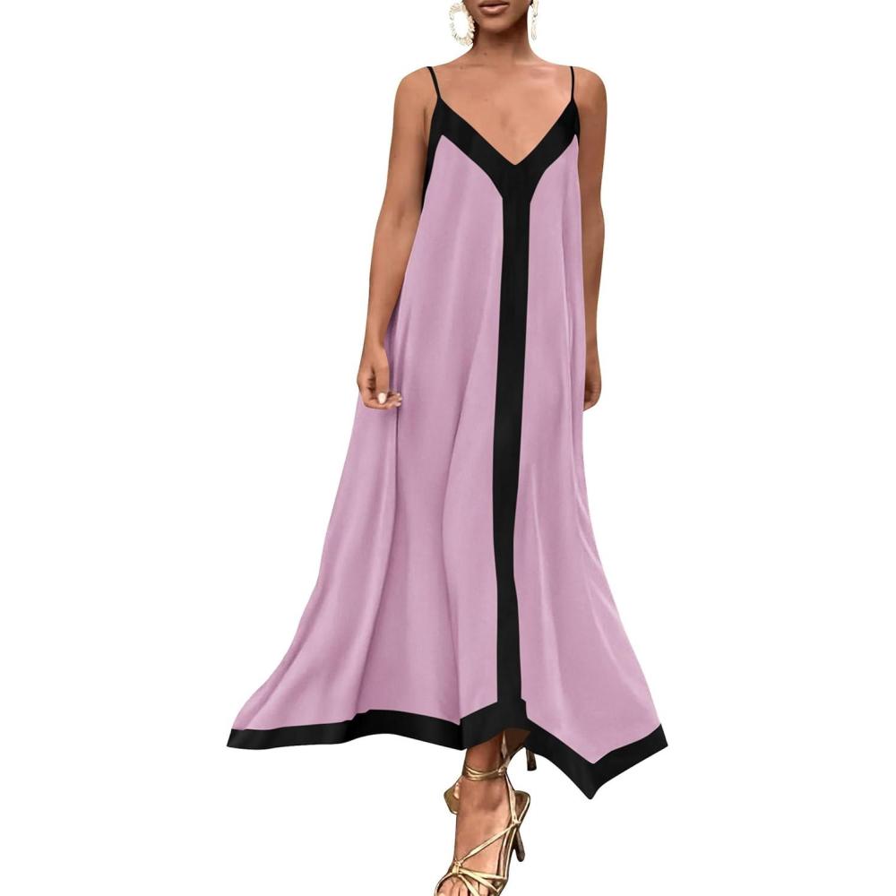 imagePRETTYGARDEN Womens Maxi Dress 2026 Summer Sundress V Neck Spaghetti Strap Flowy Elegant Party Dresses Beach Vacation ClothesPink Purple