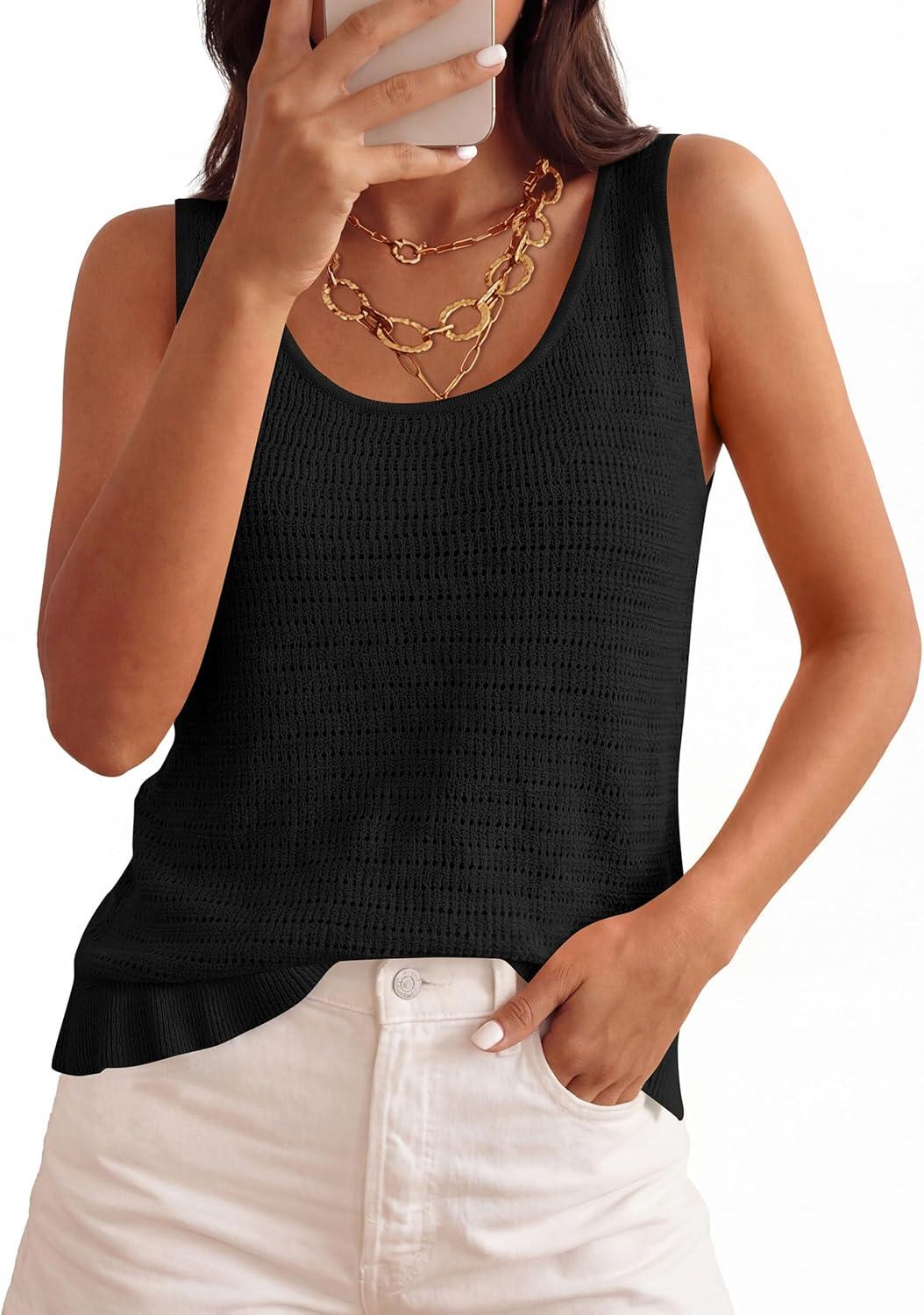 imagePRETTYGARDEN Crochet Tops for Women 2026 Spring Sleeveless Sweater Tops Summer Boho Tank Resort Wear Beach Vacation ClothesBlack
