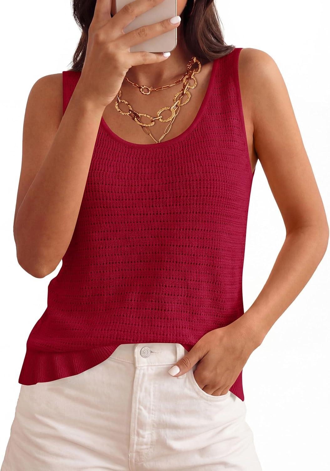 imagePRETTYGARDEN Crochet Tops for Women 2026 Spring Sleeveless Sweater Tops Summer Boho Tank Resort Wear Beach Vacation ClothesBurgundy
