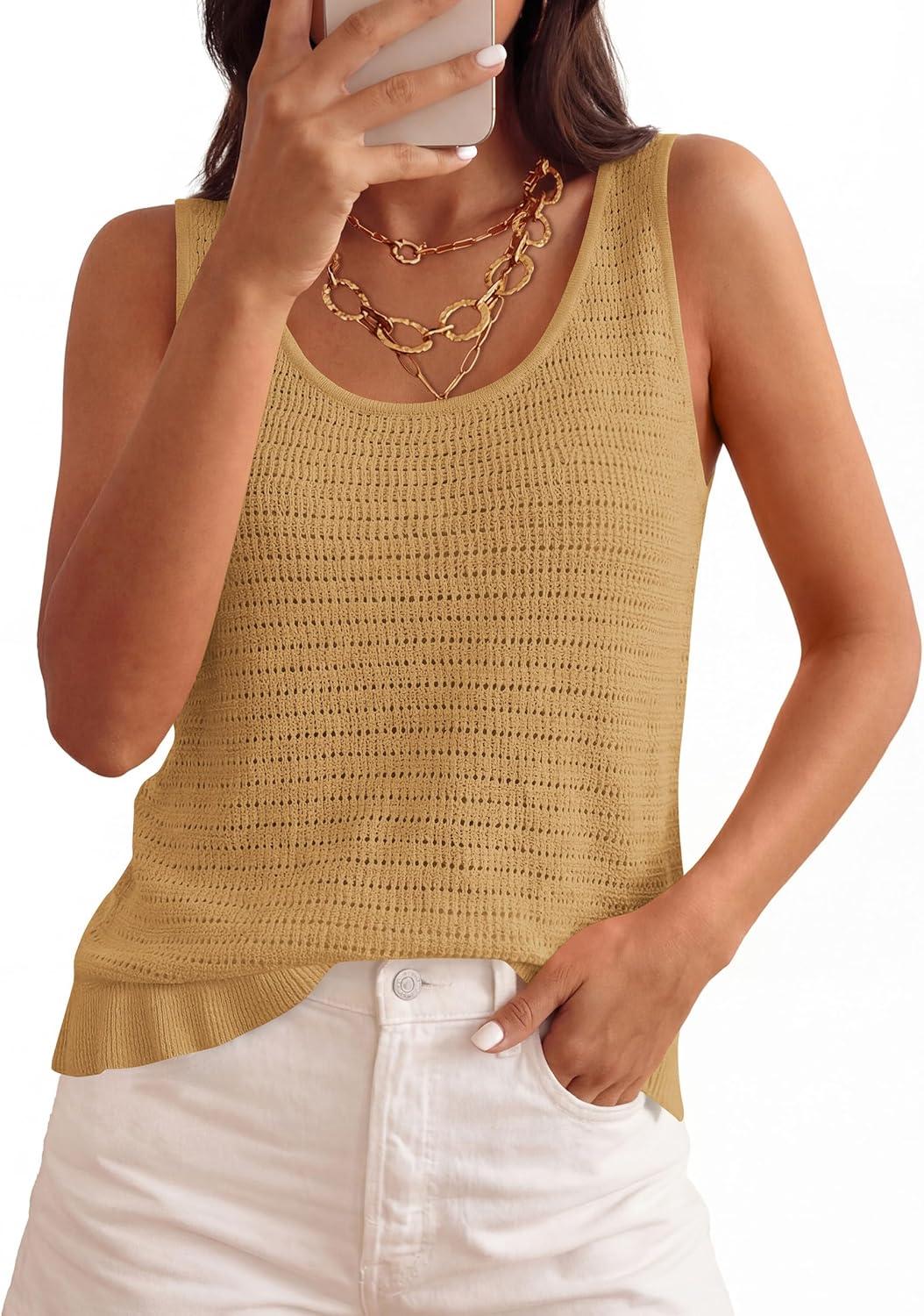 imagePRETTYGARDEN Crochet Tops for Women 2026 Spring Sleeveless Sweater Tops Summer Boho Tank Resort Wear Beach Vacation ClothesKhaki