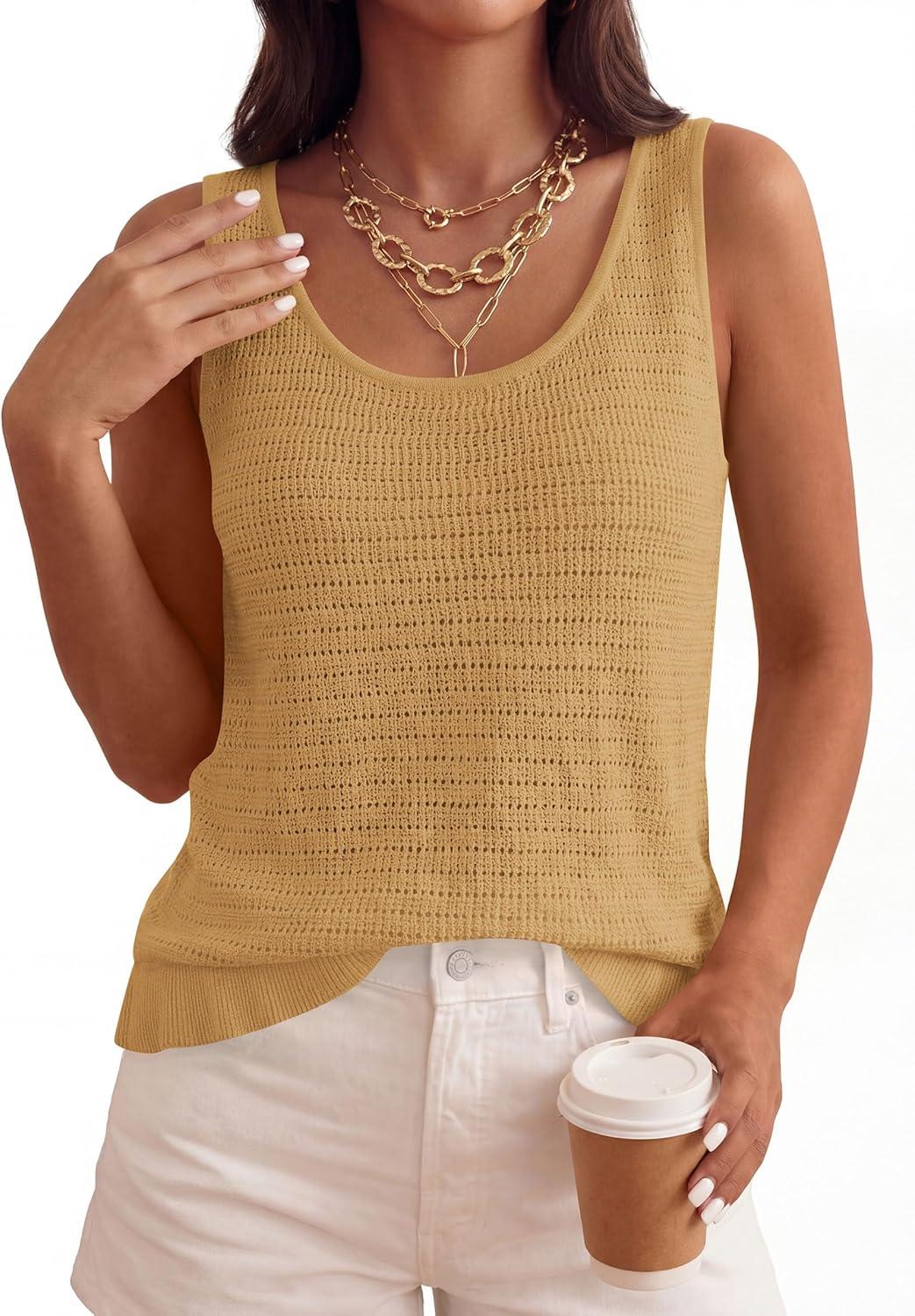 imagePRETTYGARDEN Crochet Tops for Women 2026 Spring Sleeveless Sweater Tops Summer Boho Tank Resort Wear Beach Vacation ClothesKhaki
