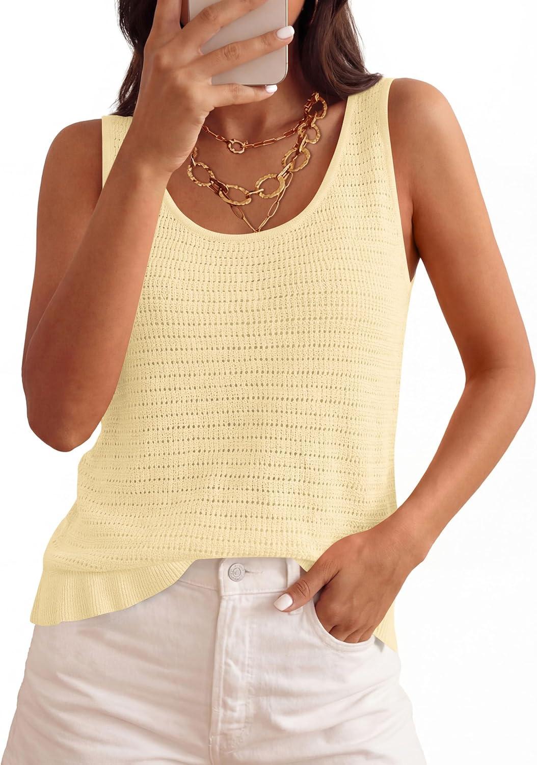 imagePRETTYGARDEN Crochet Tops for Women 2026 Spring Sleeveless Sweater Tops Summer Boho Tank Resort Wear Beach Vacation ClothesLight Apricot