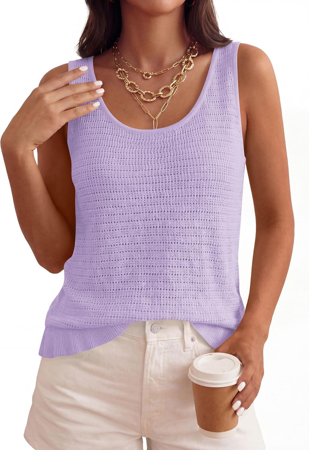 imagePRETTYGARDEN Crochet Tops for Women 2026 Spring Sleeveless Sweater Tops Summer Boho Tank Resort Wear Beach Vacation ClothesLight Purple