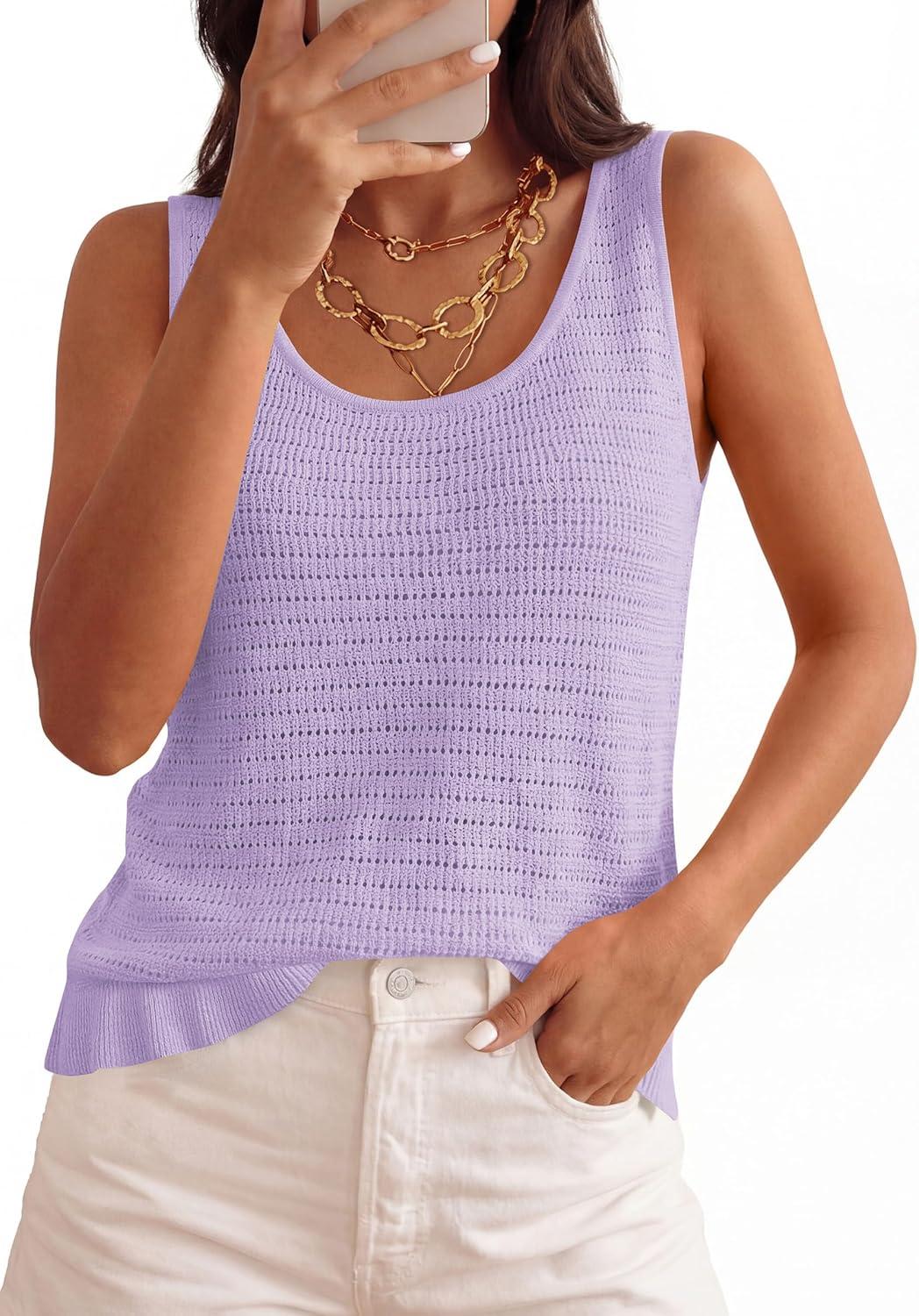 imagePRETTYGARDEN Crochet Tops for Women 2026 Spring Sleeveless Sweater Tops Summer Boho Tank Resort Wear Beach Vacation ClothesLight Purple