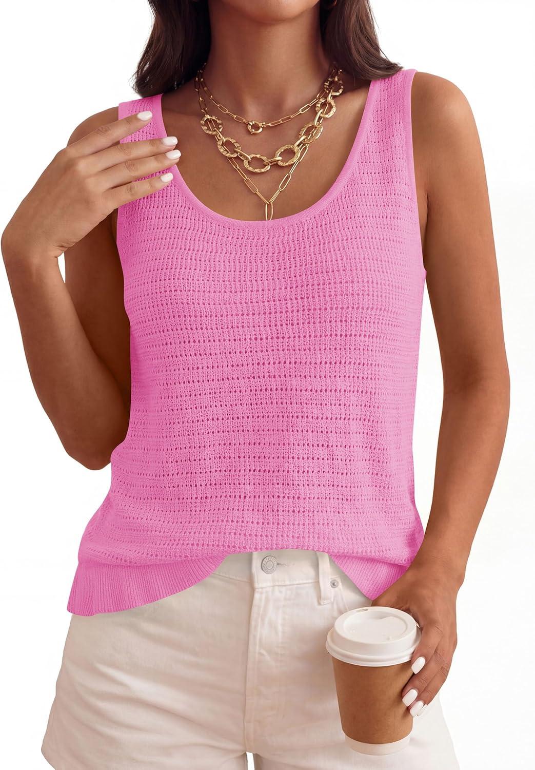 imagePRETTYGARDEN Crochet Tops for Women 2026 Spring Sleeveless Sweater Tops Summer Boho Tank Resort Wear Beach Vacation ClothesMid Pink