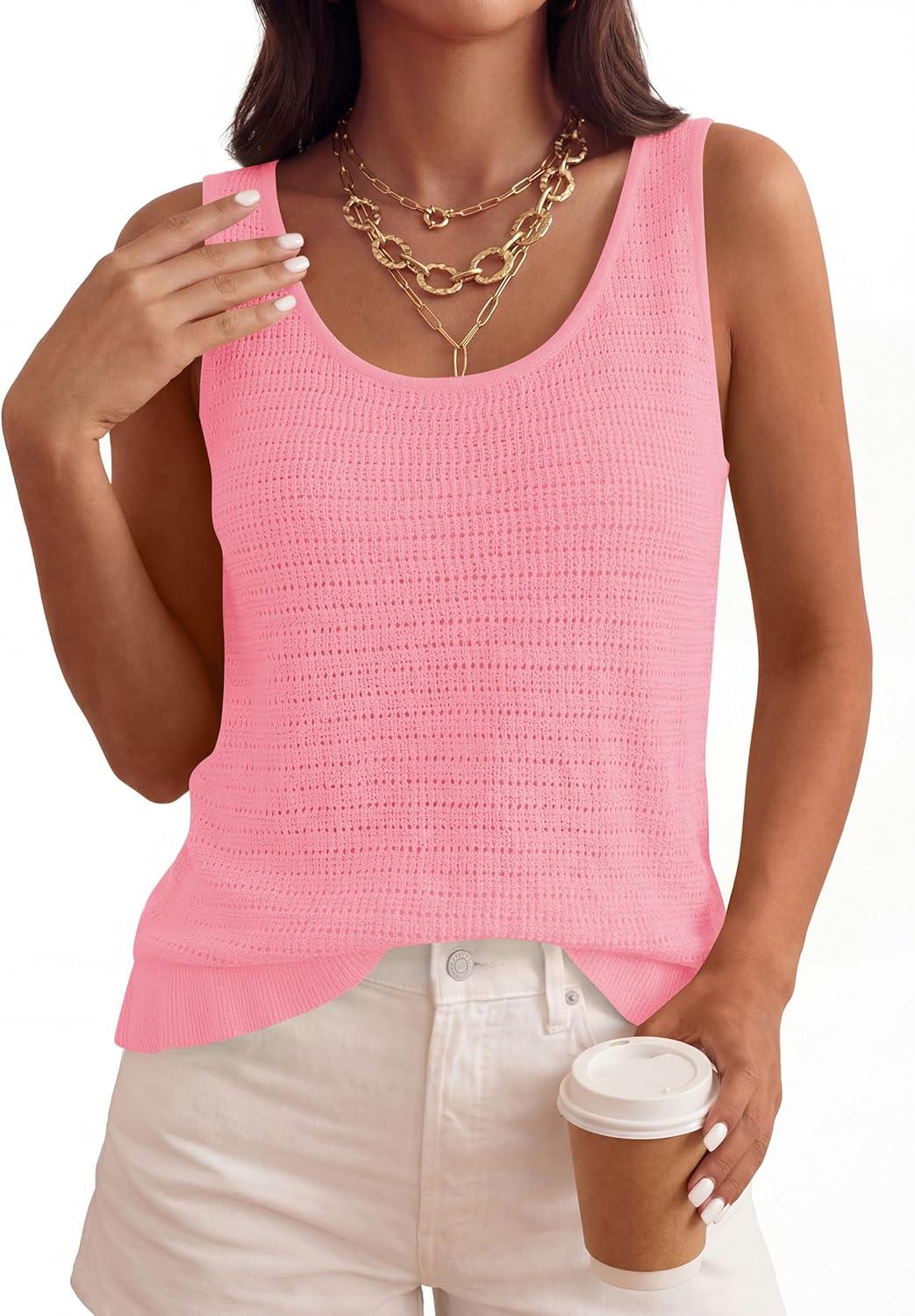 imagePRETTYGARDEN Crochet Tops for Women 2026 Spring Sleeveless Sweater Tops Summer Boho Tank Resort Wear Beach Vacation ClothesPink
