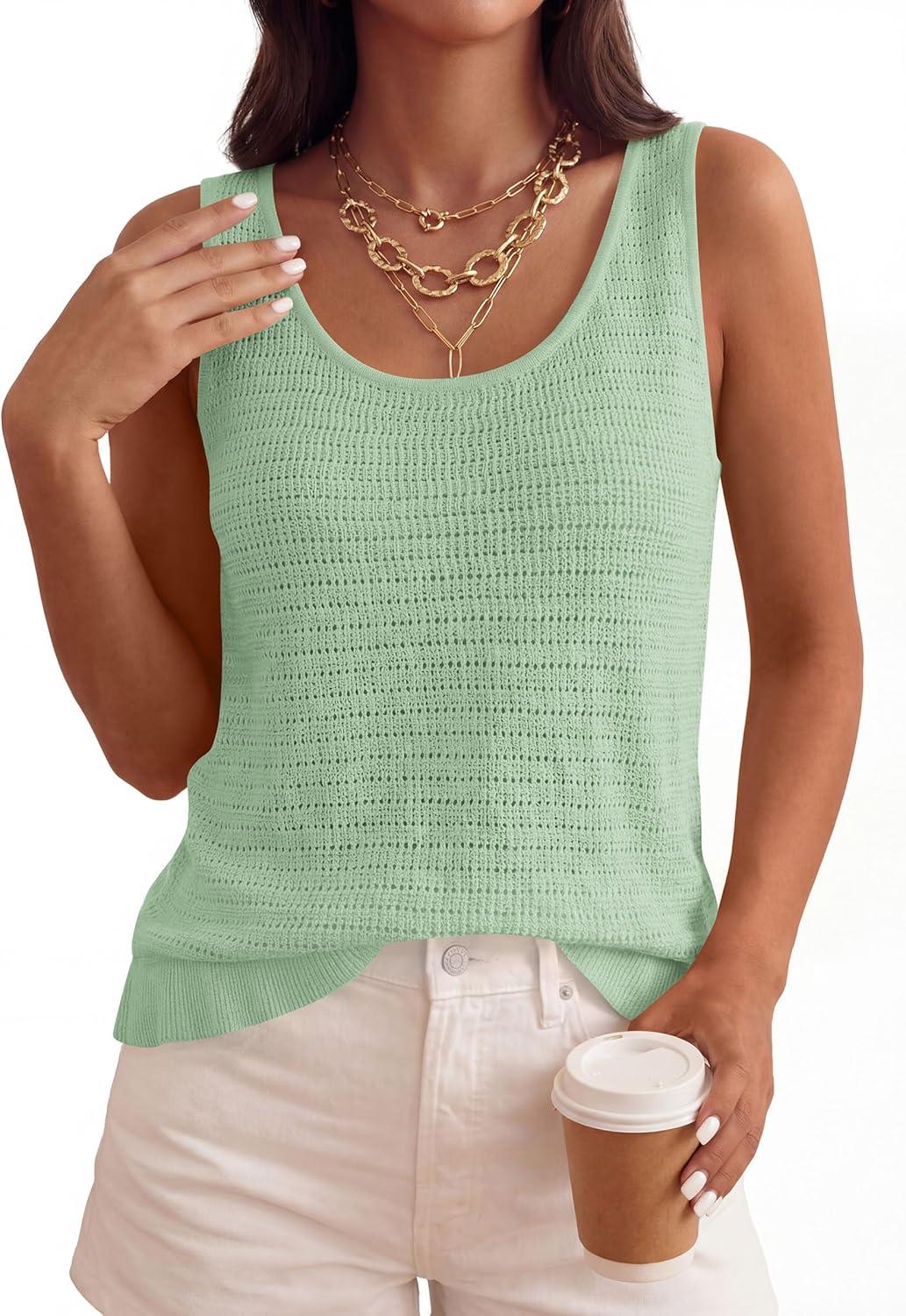 imagePRETTYGARDEN Crochet Tops for Women 2026 Spring Sleeveless Sweater Tops Summer Boho Tank Resort Wear Beach Vacation ClothesSage Green