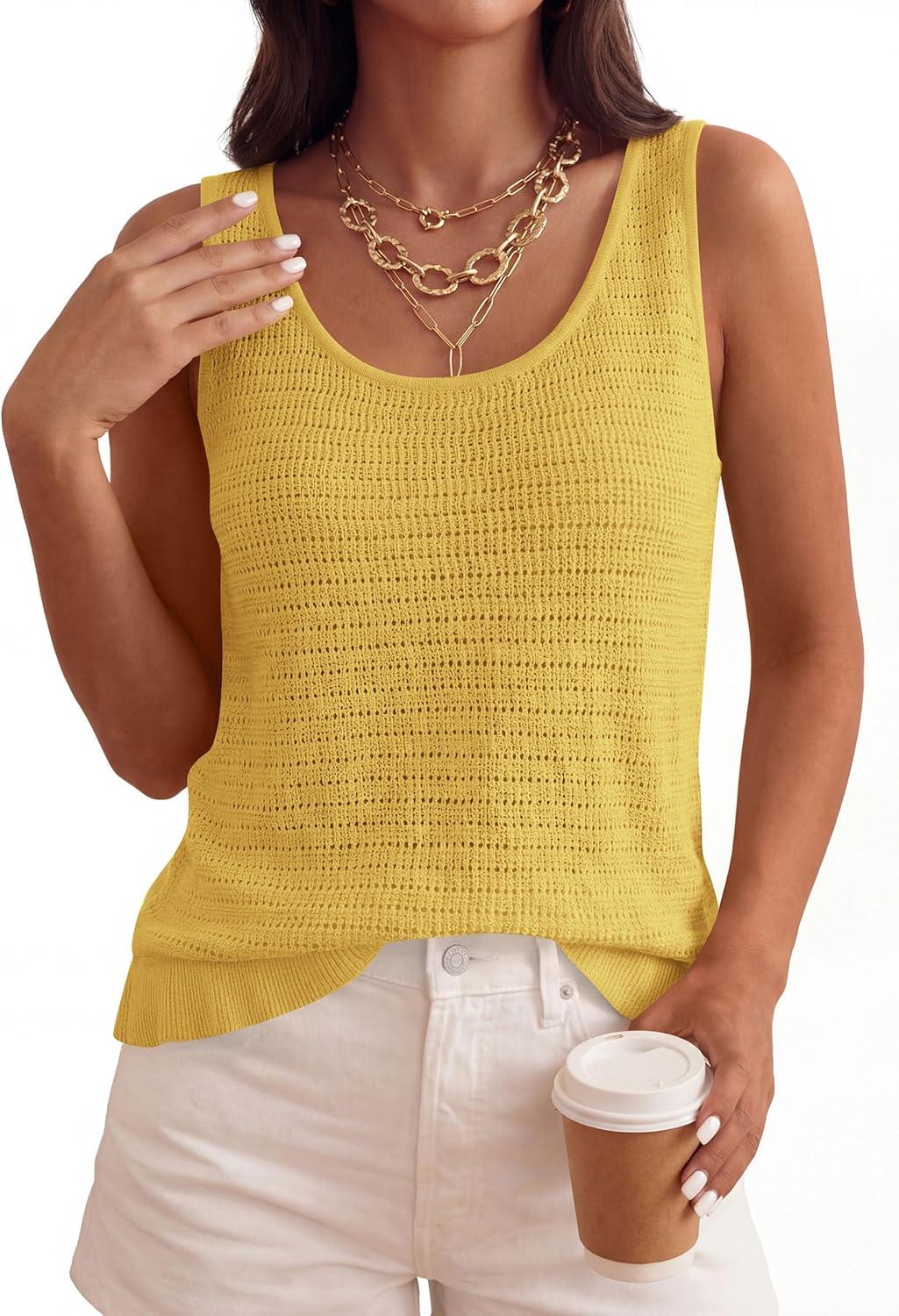 imagePRETTYGARDEN Crochet Tops for Women 2026 Spring Sleeveless Sweater Tops Summer Boho Tank Resort Wear Beach Vacation ClothesYellow