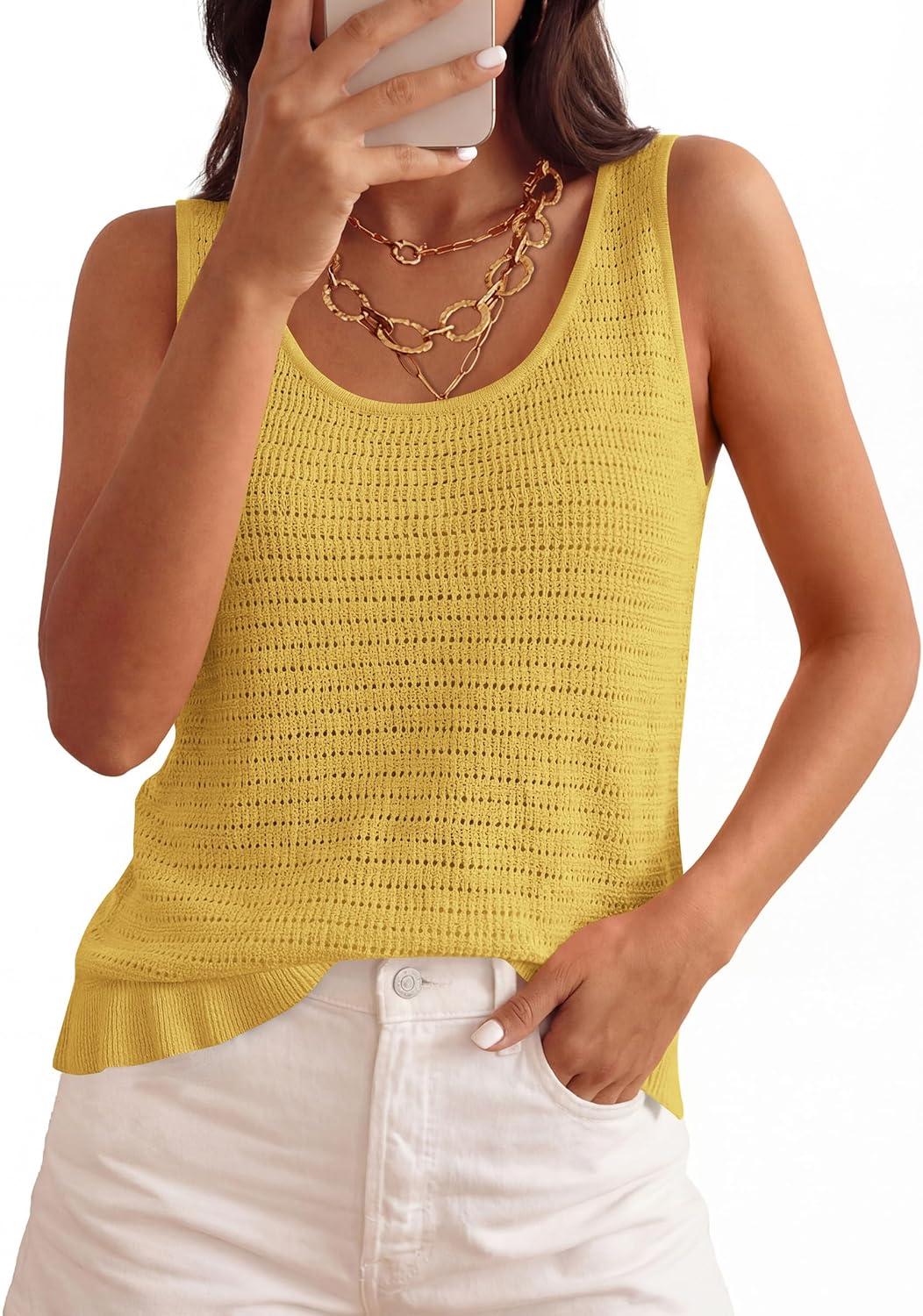 imagePRETTYGARDEN Crochet Tops for Women 2026 Spring Sleeveless Sweater Tops Summer Boho Tank Resort Wear Beach Vacation ClothesYellow