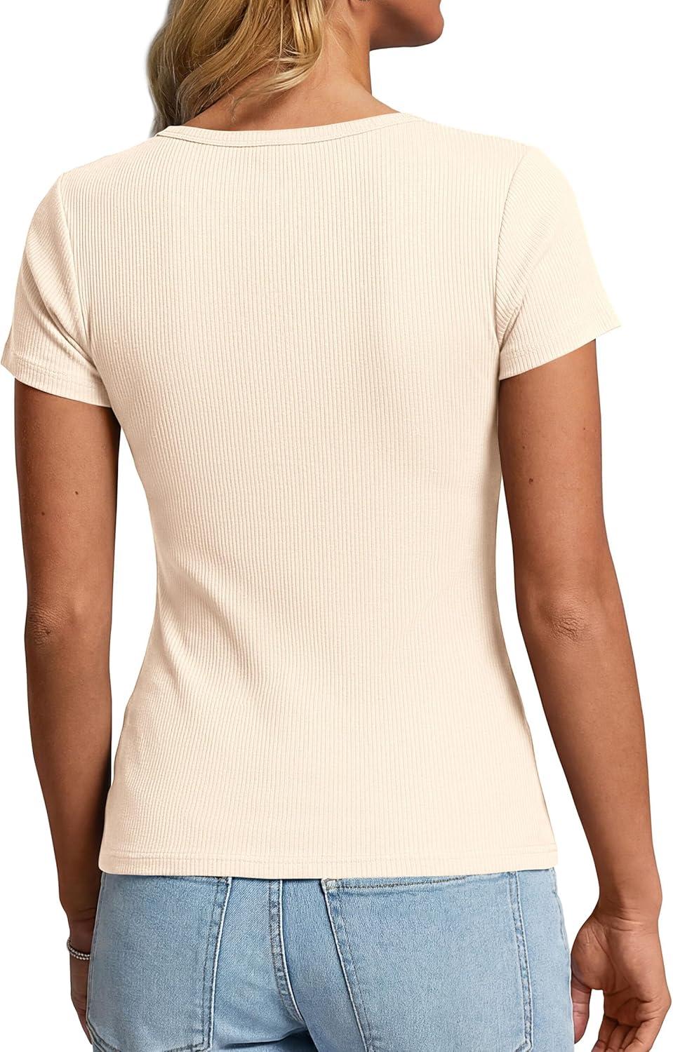 imagePRETTYGARDEN Henley Shirts for Women 2026 Summer Short Sleeve Tops V Neck Basic Tees Fitted Ribbed Button Up Work ShirtsBeige