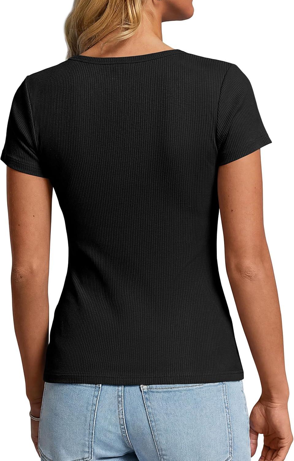 imagePRETTYGARDEN Henley Shirts for Women 2026 Summer Short Sleeve Tops V Neck Basic Tees Fitted Ribbed Button Up Work ShirtsBlack
