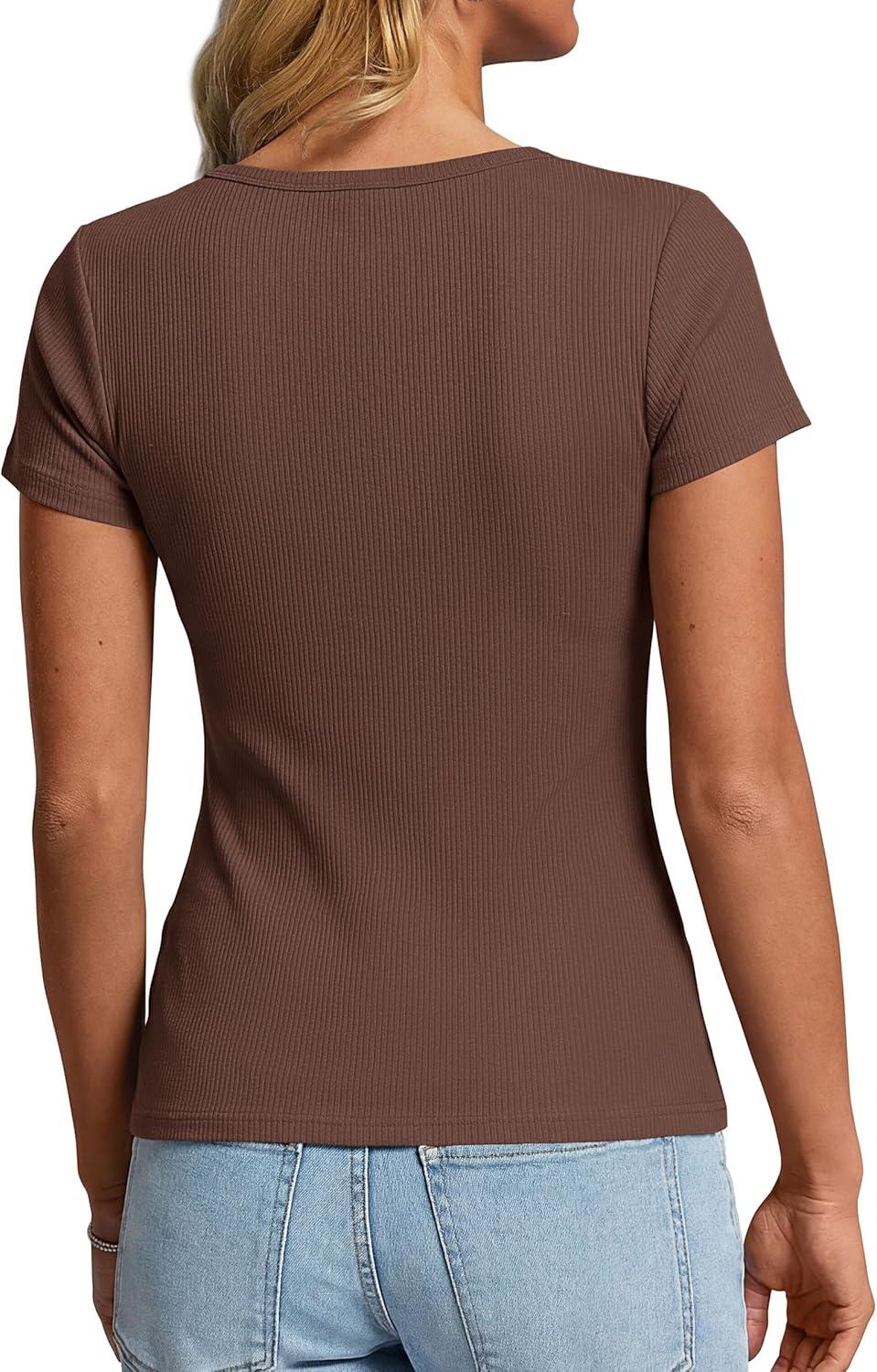 imagePRETTYGARDEN Henley Shirts for Women 2026 Summer Short Sleeve Tops V Neck Basic Tees Fitted Ribbed Button Up Work ShirtsBrown