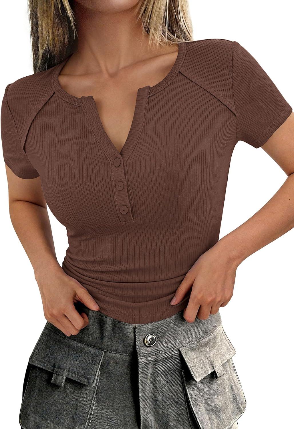 imagePRETTYGARDEN Henley Shirts for Women 2026 Summer Short Sleeve Tops V Neck Basic Tees Fitted Ribbed Button Up Work ShirtsBrown