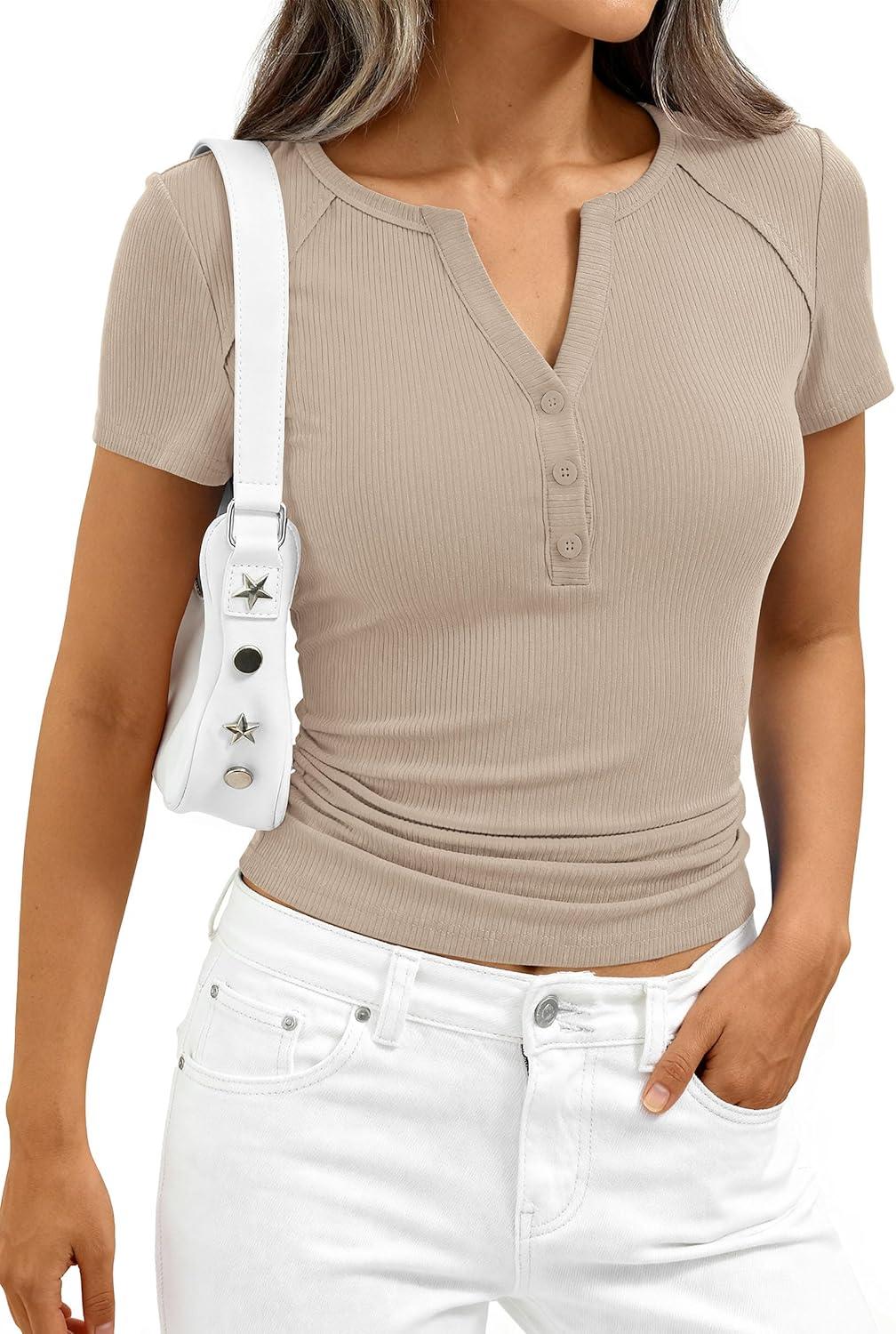 imagePRETTYGARDEN Henley Shirts for Women 2026 Summer Short Sleeve Tops V Neck Basic Tees Fitted Ribbed Button Up Work ShirtsLight Khaki