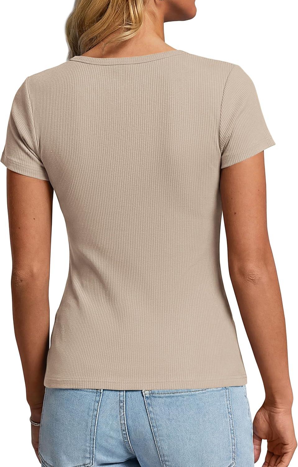 imagePRETTYGARDEN Henley Shirts for Women 2026 Summer Short Sleeve Tops V Neck Basic Tees Fitted Ribbed Button Up Work ShirtsLight Khaki