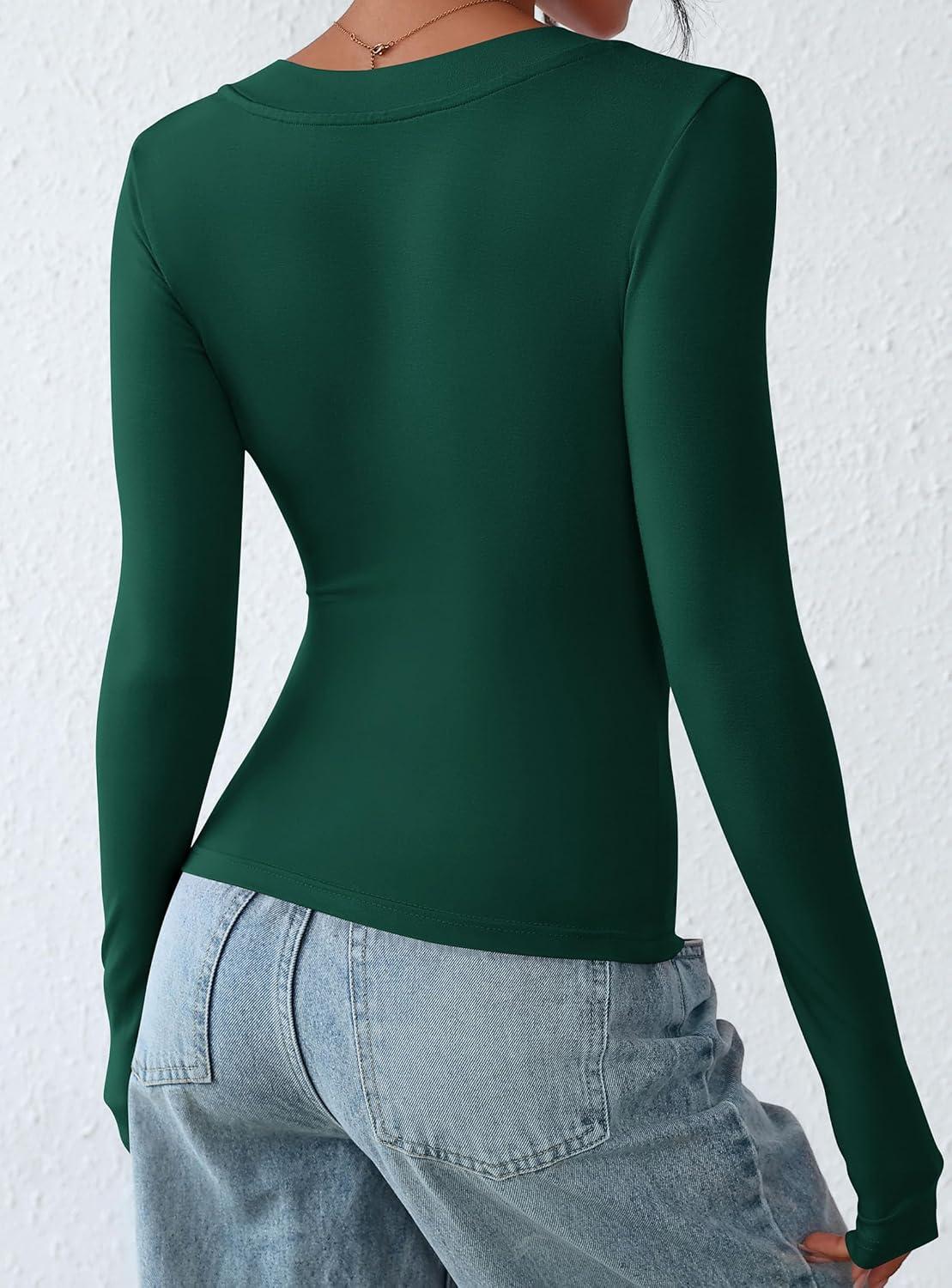 imagePRETTYGARDEN Long Sleeve Shirts for Women 2026 Fall Fashion V Neck Going Out Tops Slim Fit Basic Tees Y2K ClothesDark Green