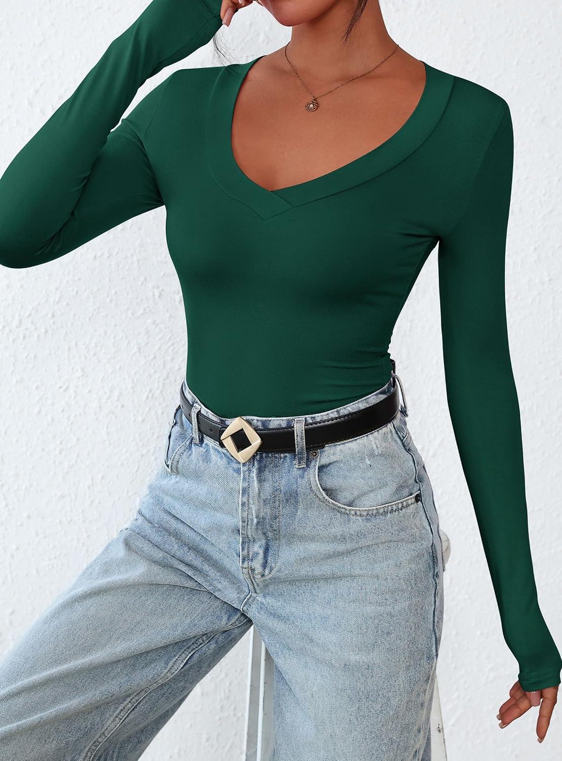 imagePRETTYGARDEN Long Sleeve Shirts for Women 2026 Fall Fashion V Neck Going Out Tops Slim Fit Basic Tees Y2K ClothesDark Green