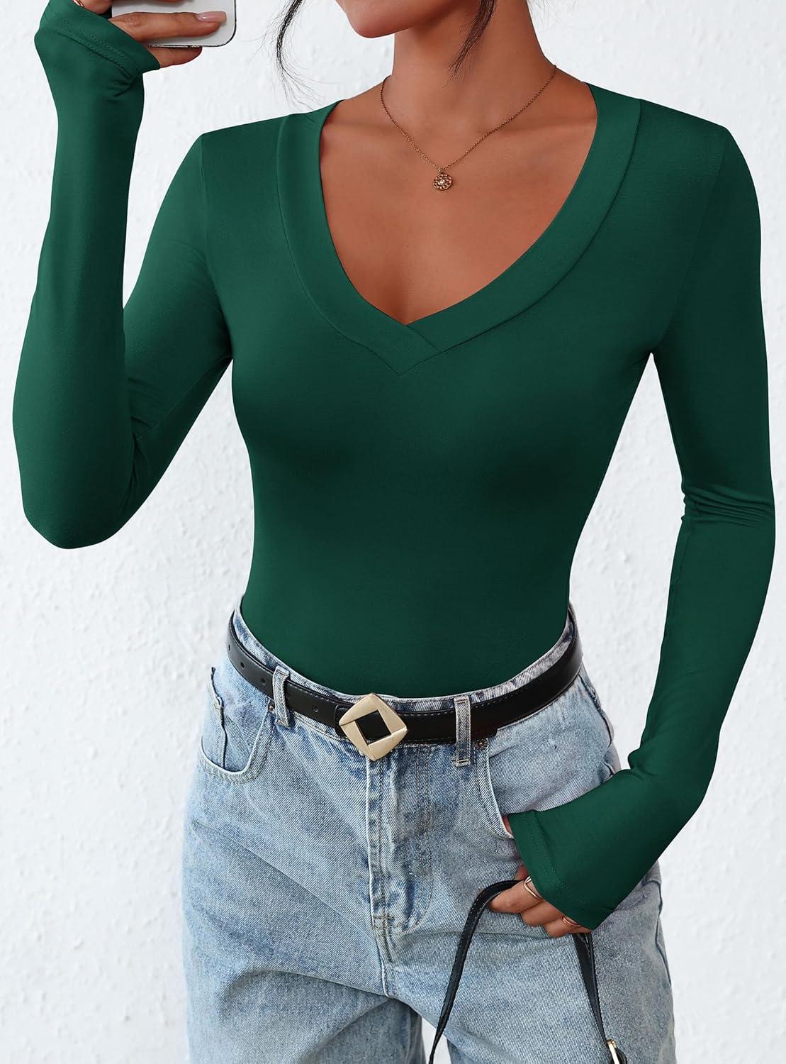 imagePRETTYGARDEN Long Sleeve Shirts for Women 2026 Fall Fashion V Neck Going Out Tops Slim Fit Basic Tees Y2K ClothesDark Green