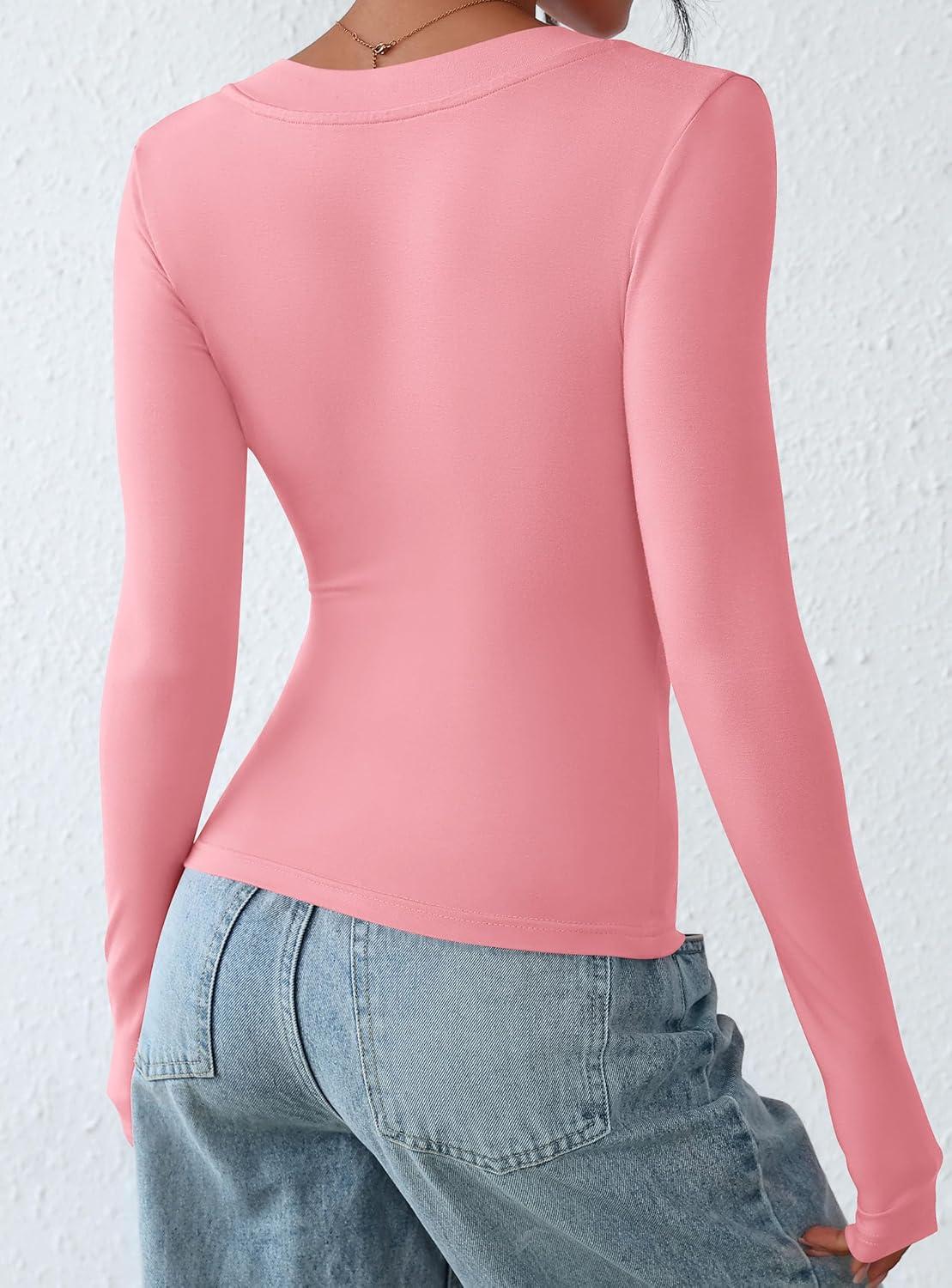 imagePRETTYGARDEN Long Sleeve Shirts for Women 2026 Fall Fashion V Neck Going Out Tops Slim Fit Basic Tees Y2K ClothesPink